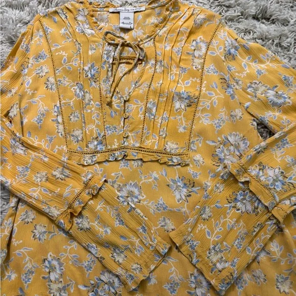American Rag Yellow Floral Long Sleeve Blouse Size L - Picture 9 of 14